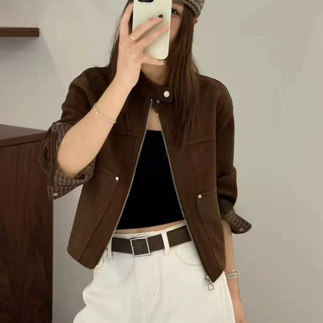 【锦衣服饰】HXYJ 9929韩系百搭格子拼接袖圆领拉链短外套