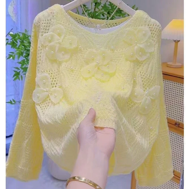法式甜美立体花朵镂空针织衫女春秋新款慵懒风小个子宽松套头毛衣