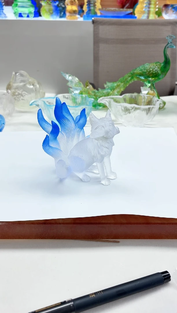 手工艺品琉璃蓝色幸福狐狸摆件9.5*8*10公分