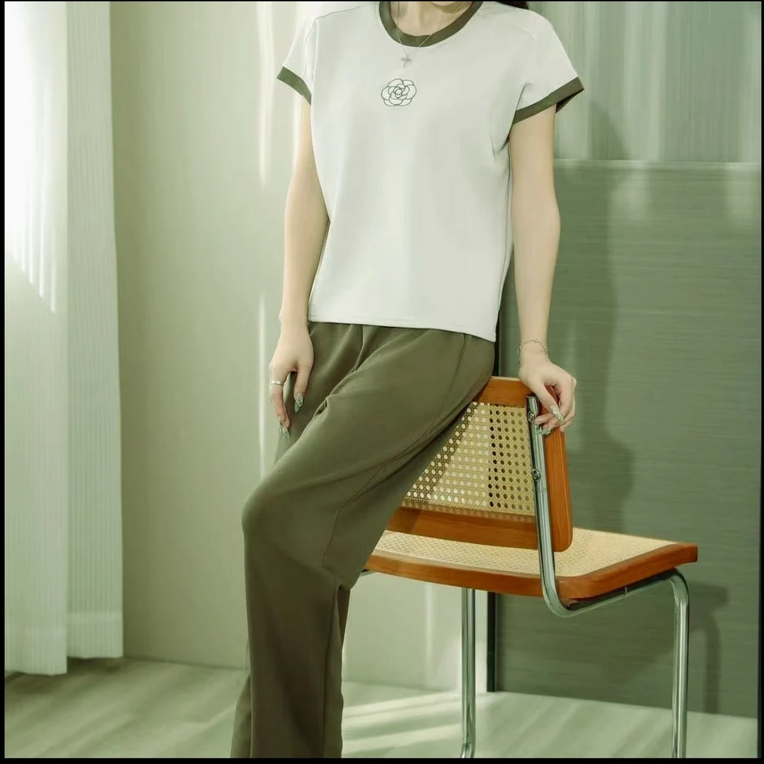 1053撞色系山茶花套装拼色印花短袖长裤带口袋时尚套装