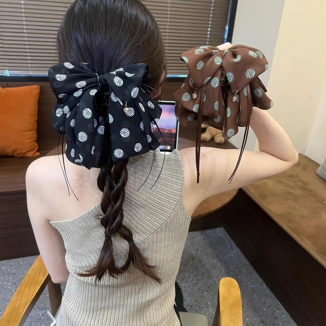 法式气质波点飘带蝴蝶结抓夹发饰2025新款高马尾半扎发夹头饰女
