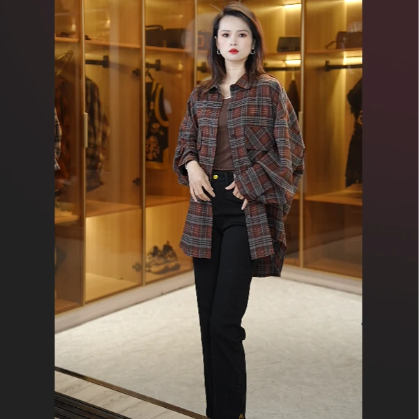 格纹衬衫女休闲百搭长袖2025秋季新款显瘦复古宽松时尚25021201