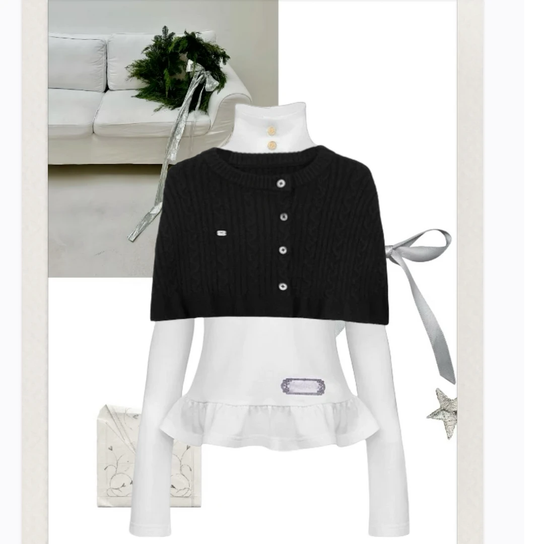 【安-富家千金】复古优雅针织系扣斗篷小高领上衣套装日常百搭秋冬