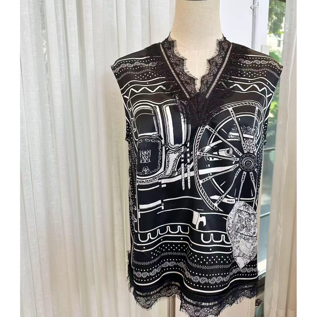 青羽家桑蚕丝宽松版百搭前后V领蕾丝边无袖背心上衣打底 外穿