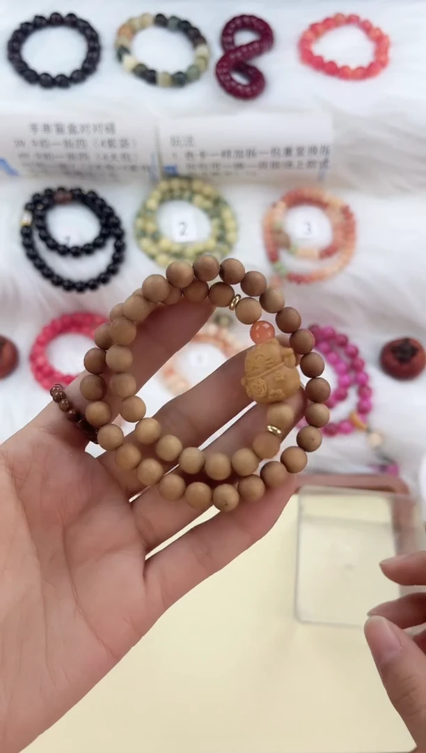 【闪购商品】檀香木无事牌芭比檀带招财猫双圈手串87