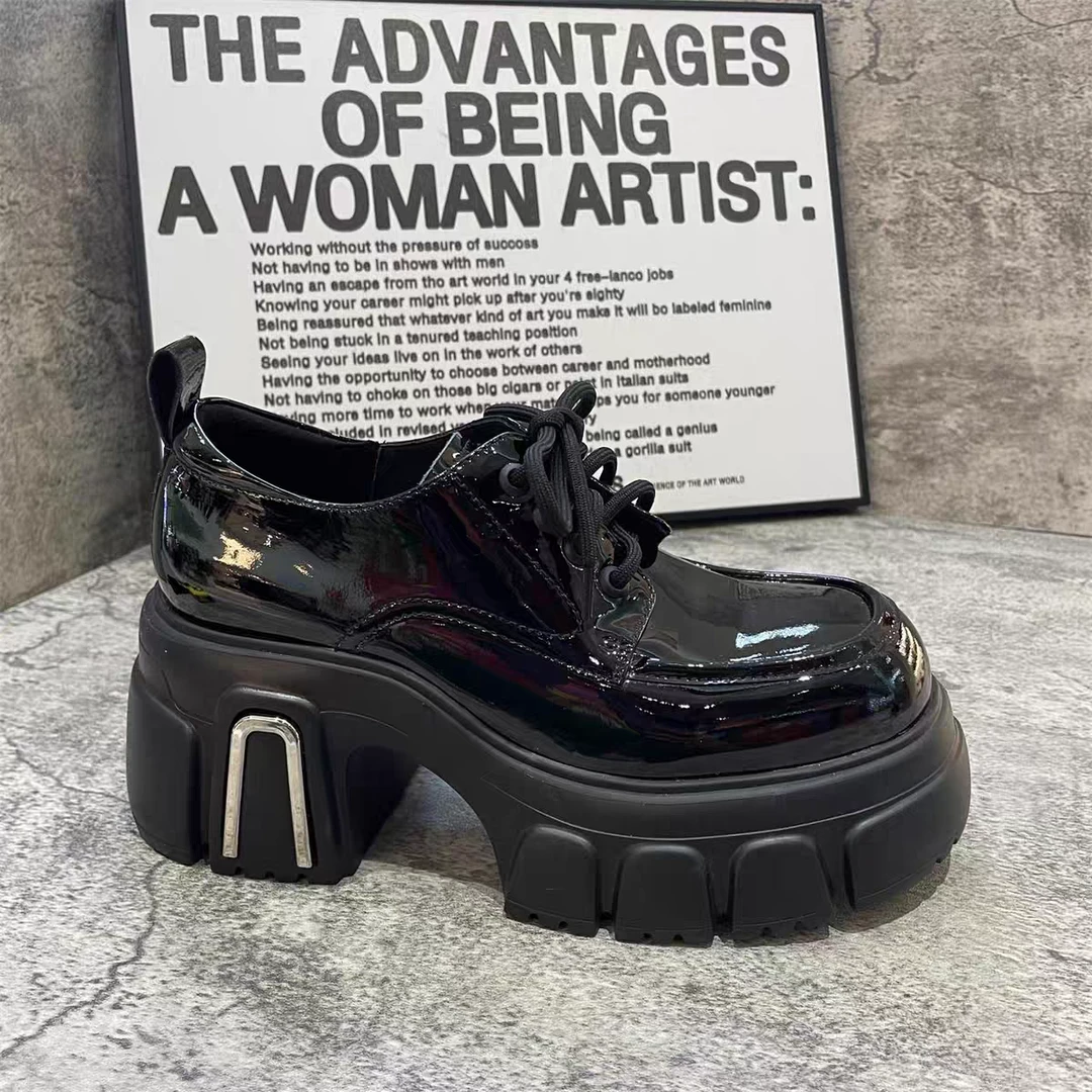 53238皮鞋交叉绑带深口系带乐福鞋漆皮圆头单鞋秋季粗跟春季