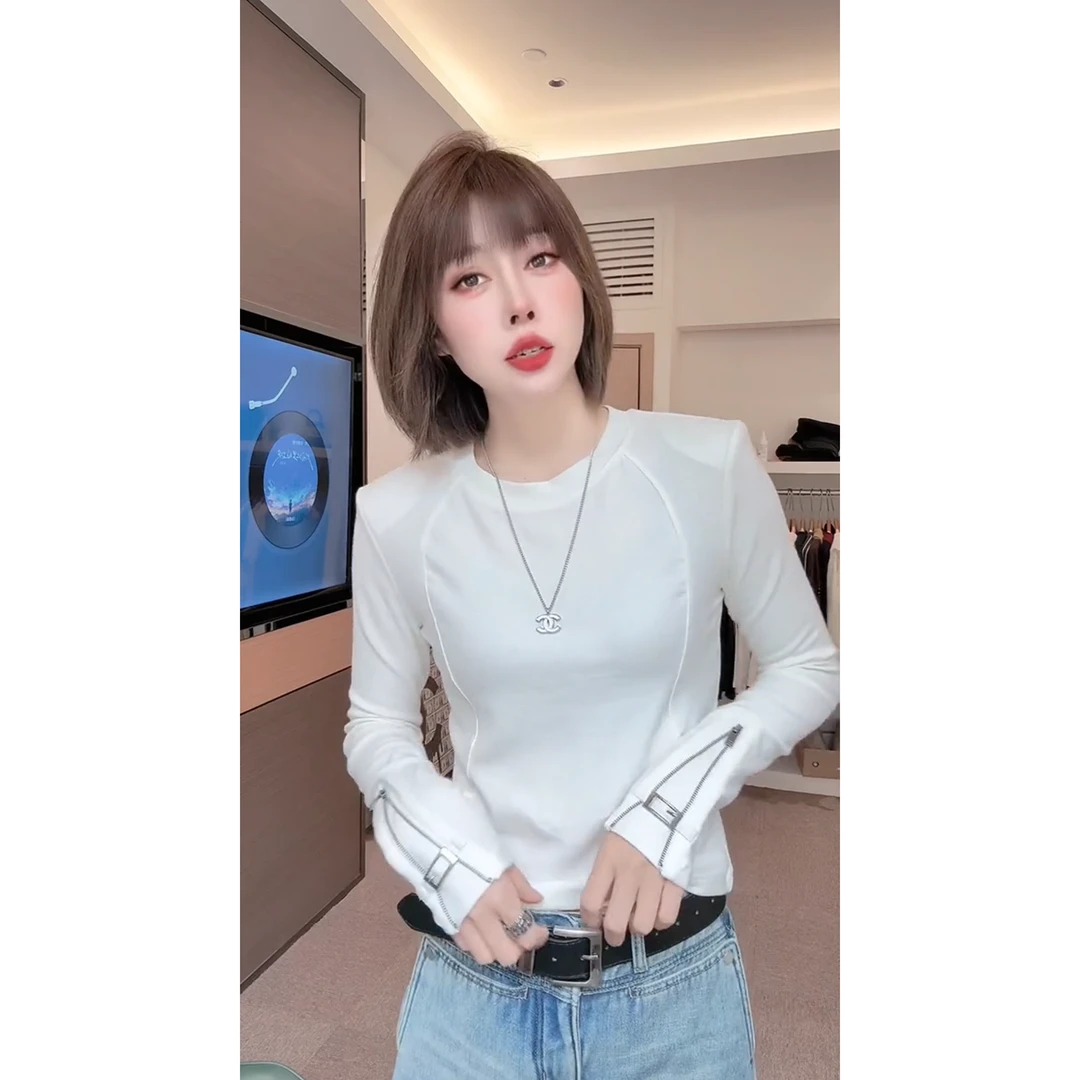 欧洲站2025冬季新款设计感纯色拉链打底衫女百搭洋气磨毛T恤上衣
