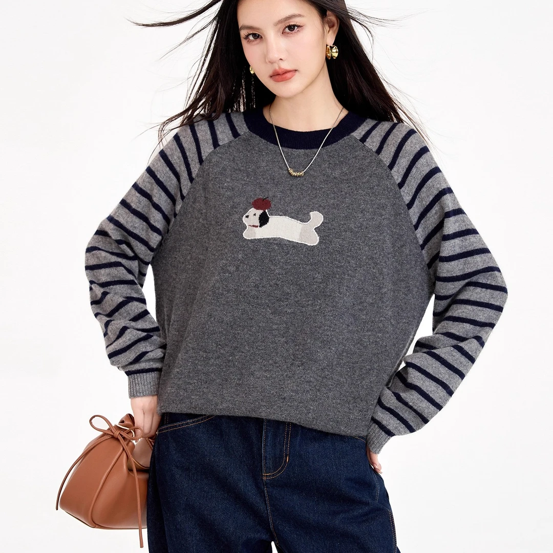 羊毛衫女100%纯羊毛撞色卡通上衣2025年冬季小狗刺绣软糯慵懒毛衣