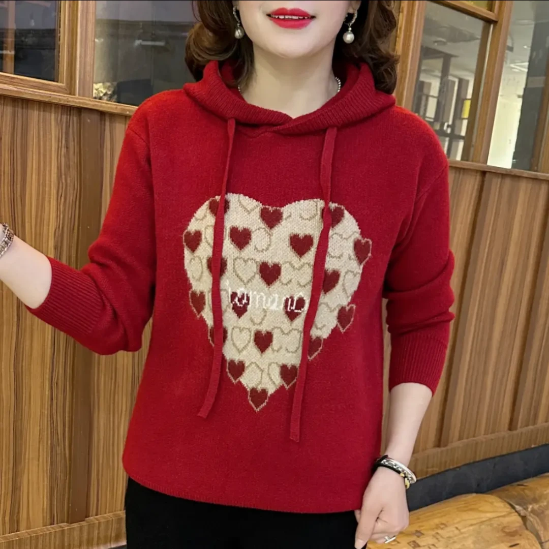 冬季新款连帽针织毛衣时尚中国红卡通图案新年款打底百搭休闲上衣