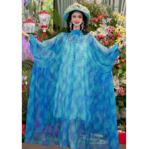 25新款法式设计师夏桑蚕丝气质宽松时尚长款女装连衣裙251D531