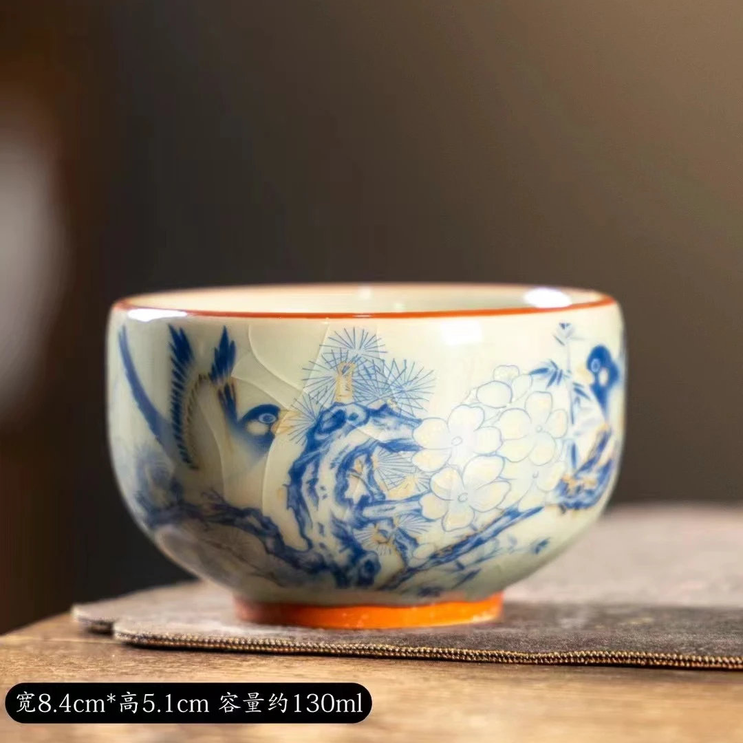 汝窑梅花鸟铜钱杯中国风开片可养线防烫茶杯