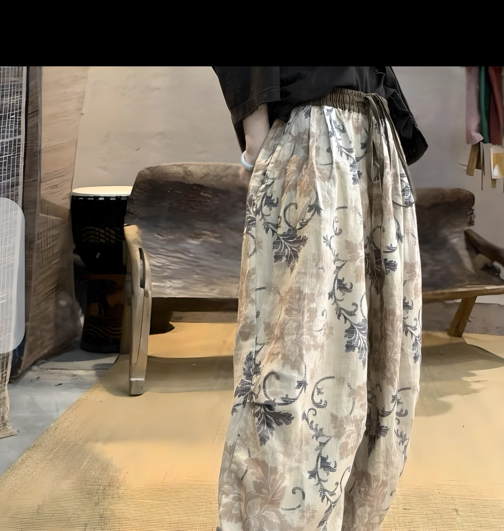 玉莉分享复古亚麻百搭做旧褶皱设计扎染宽松休闲裤