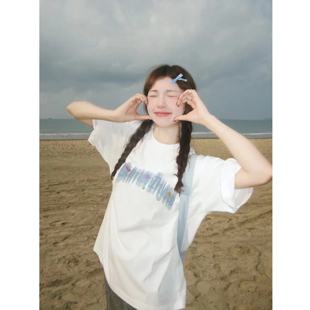 mnmf夏季潮牌美式创意蝴蝶字母设设计感纯棉宽松短袖T恤女#T5864