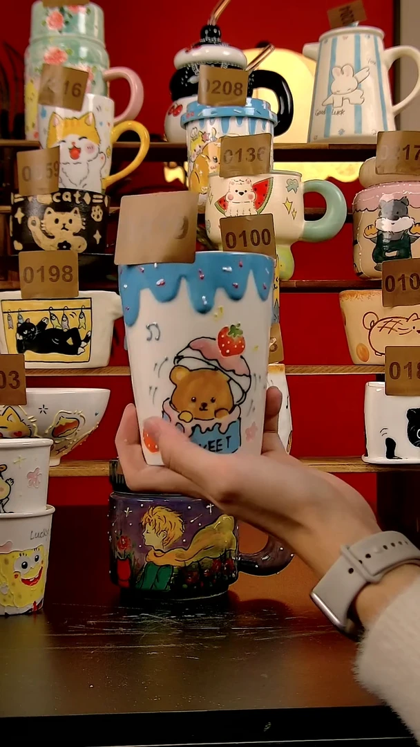 杯子Diy景德镇陶瓷纯手工手绘卡通风蓝色小熊手握杯