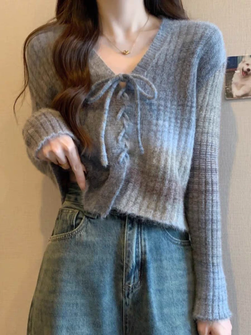 毛针织衫渐变色绣花短款针织衫女夏季外搭洋气毛衣