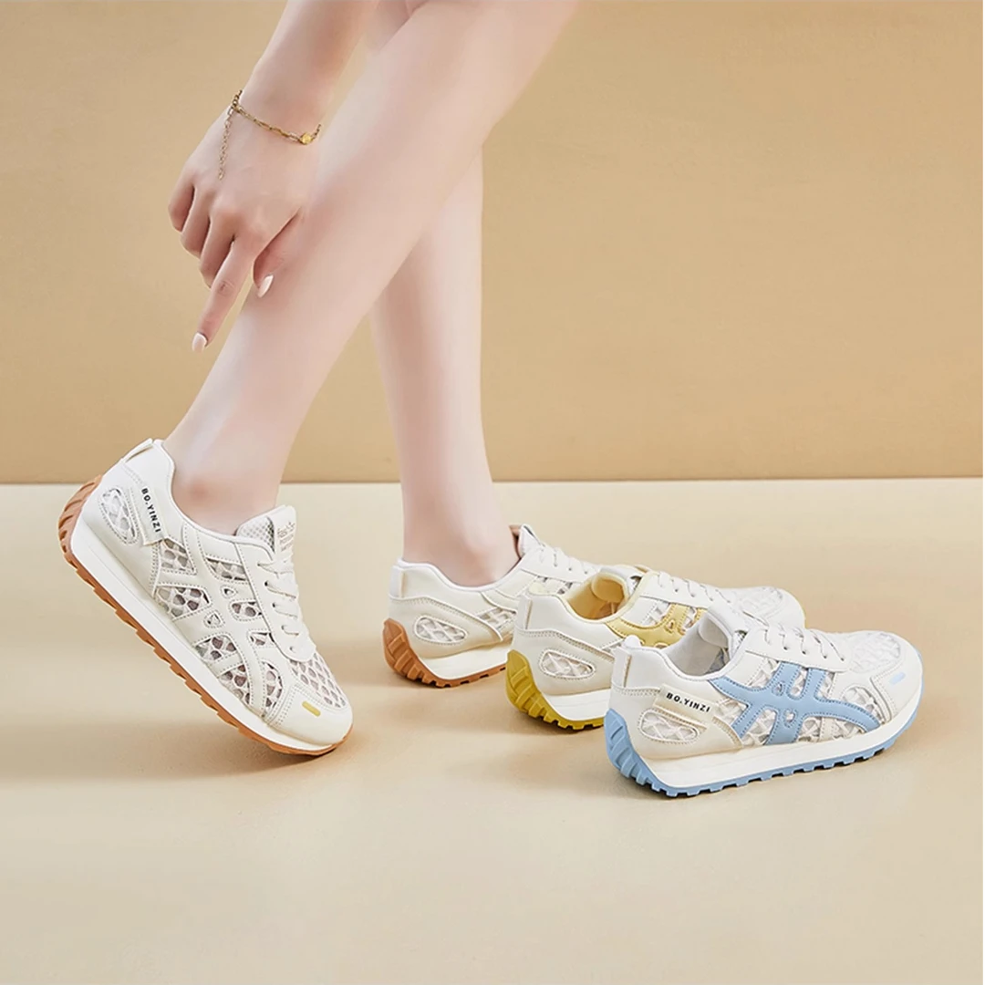 通用透气德训鞋女子系带防滑拼色夏季透气浅口时尚休闲鞋网面