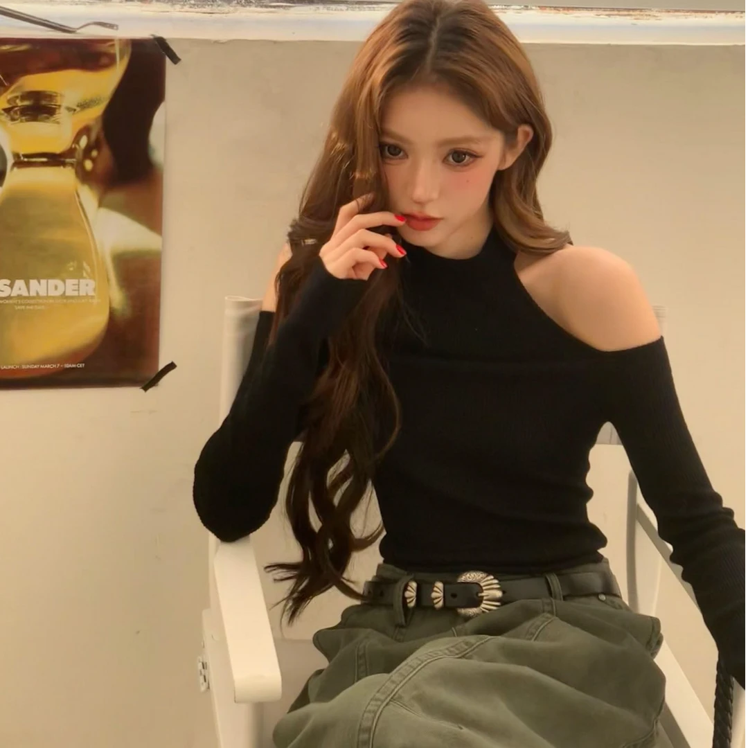 简约气质显瘦长袖露肩性感辣妹上衣洋气休闲百搭宽松阔腿长裤套装