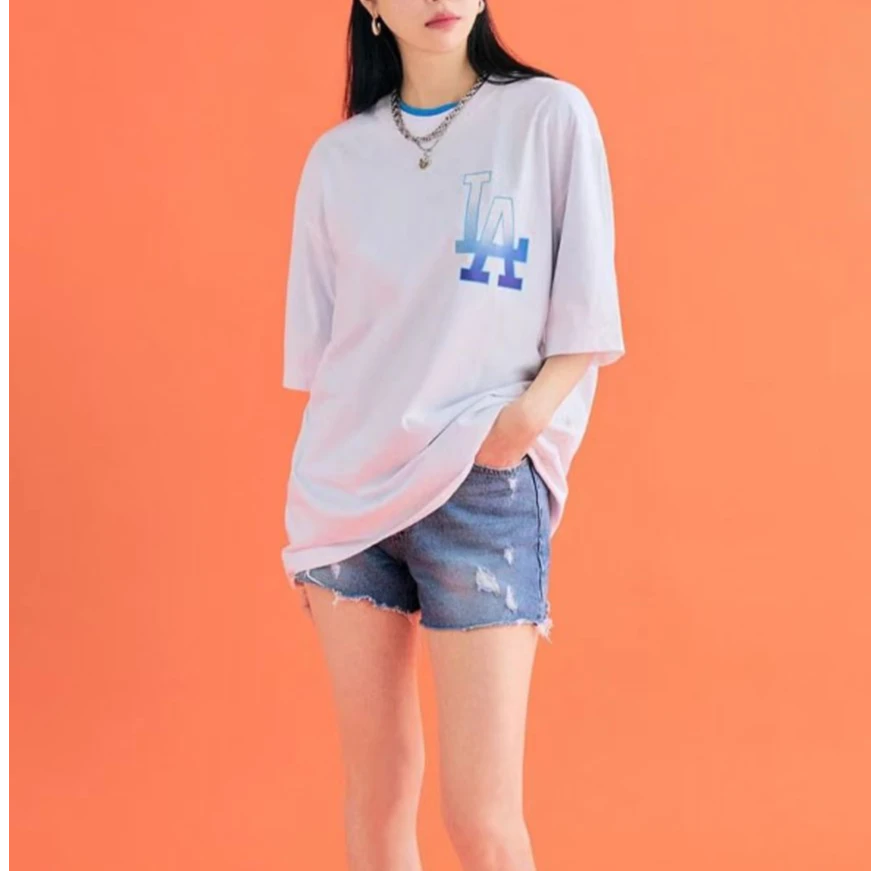 MLB新款LA渐变大标百搭印花宽松圆领短袖T恤男女同款3ATSB0333