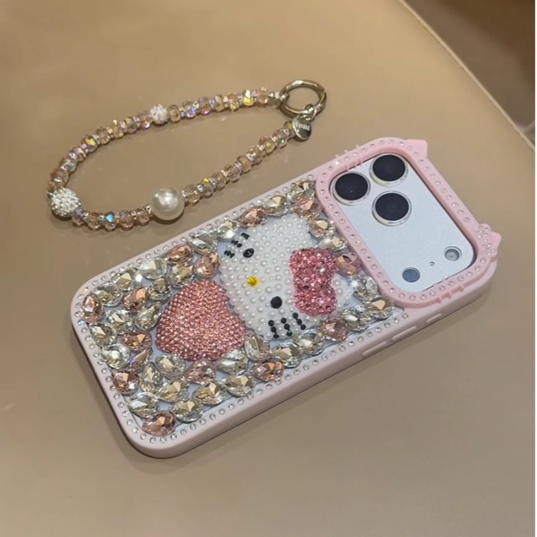 奢华闪钻爱心KT猫适用iPhone17promax手机壳苹果17pro手链16pro15