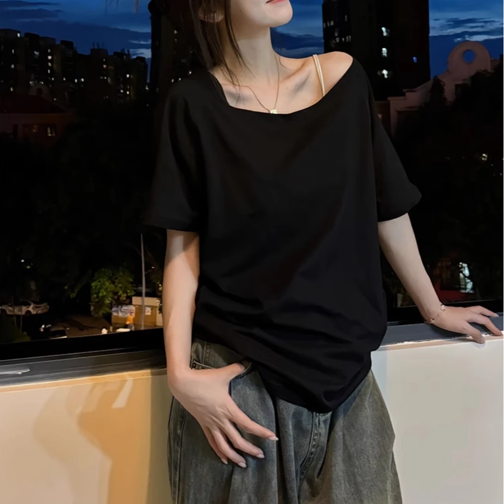 小众斜领露肩短袖T恤夏季一字肩显瘦辣妹上衣t恤一字领女款休闲