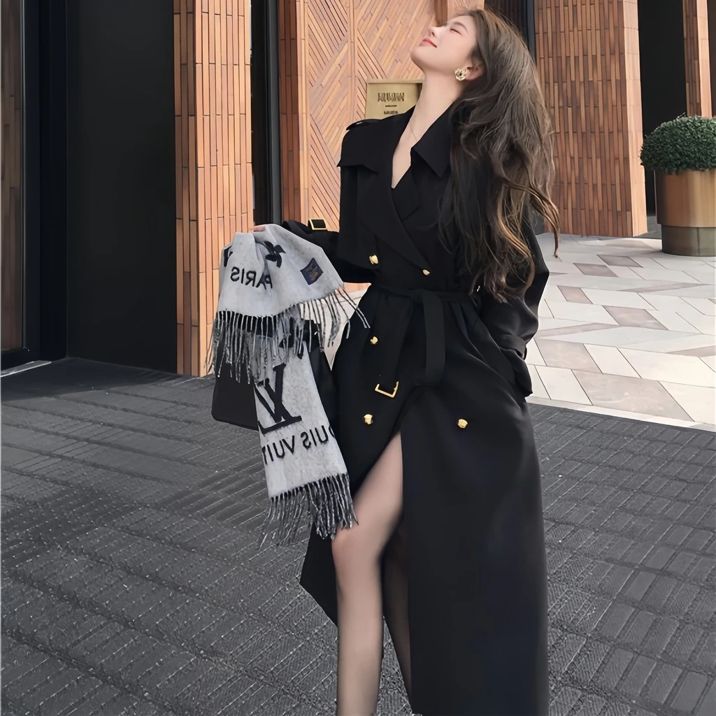 赫本风气质黑色风衣外套女2025春秋双排扣收腰中长款显瘦过膝大衣