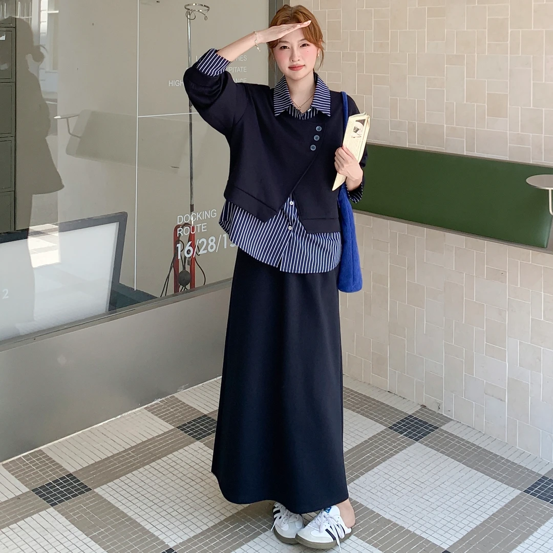 休闲卫衣裙套装裙女秋季2025新款假两件条纹拼接上衣半身裙两件套