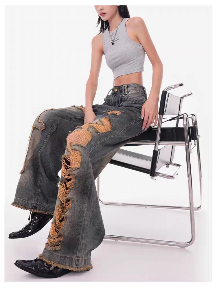 【奥莉】2025春夏：废土风做旧水洗破洞十字架阔腿牛仔裤8001