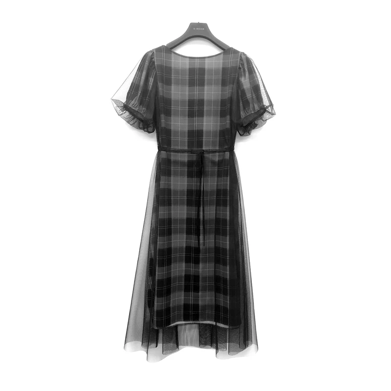 sdeer圣迪奥夏季泡泡袖格子时尚气质收腰甜美圆领连衣裙S223Z1264