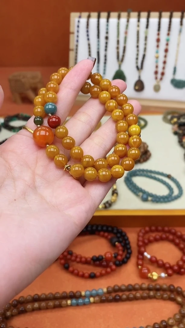 手链蜜蜡未镶嵌双圈蜜蜡和田南红蓝水手串