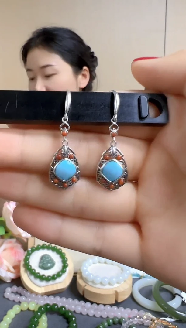 银S925镶嵌绿松石耳饰cg