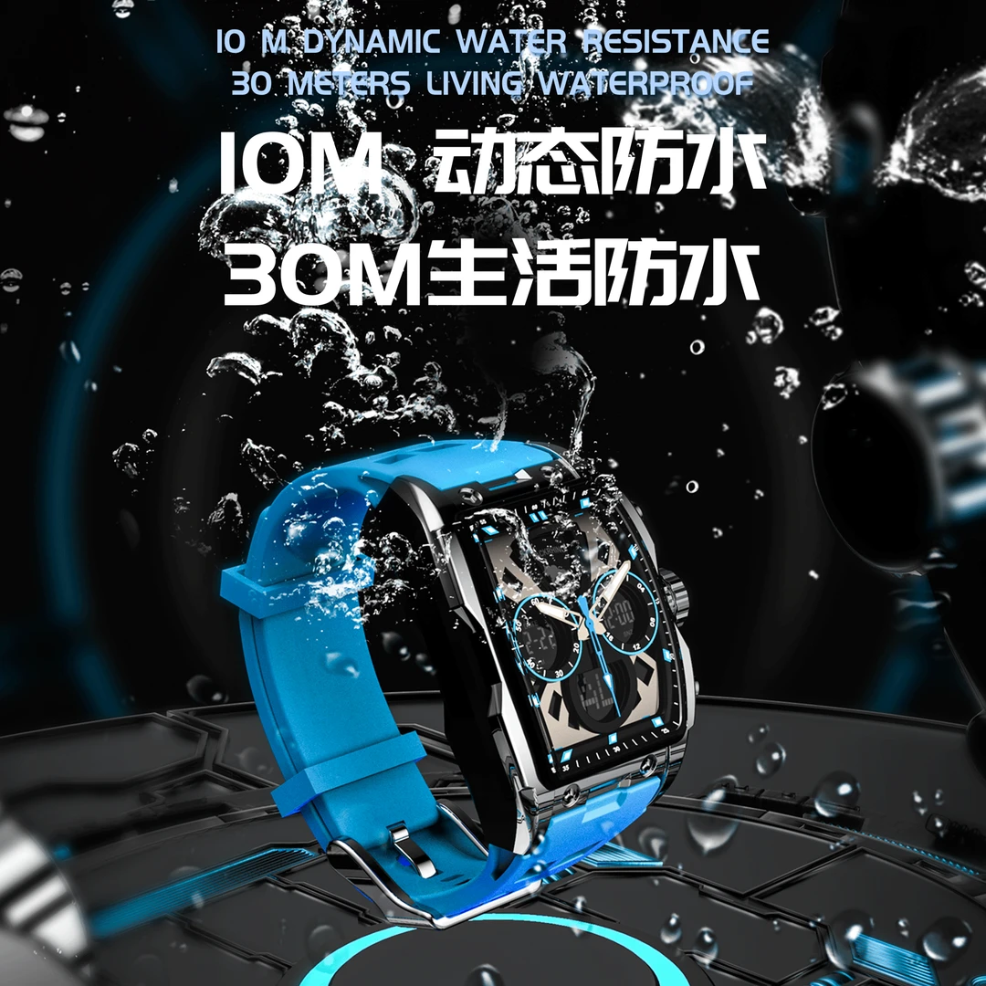 黑犀牛兰博同款电子石英国表时尚男生蓝色防水专用腕表数字双显