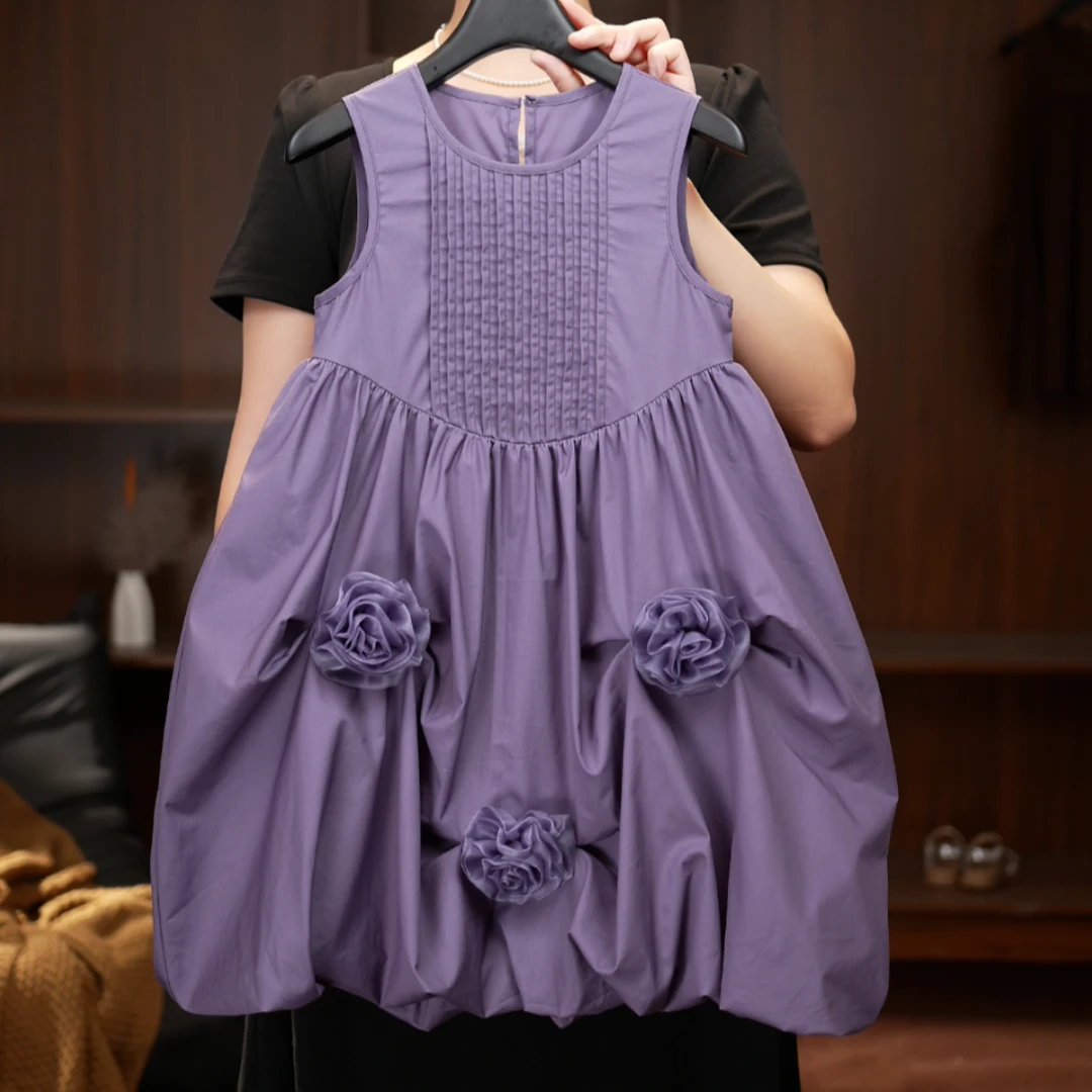 2025C夏季无袖童装女花苞裙连衣裙法式亲子款公主裙少女风1558