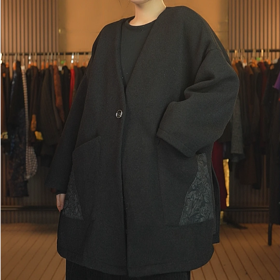 159时尚浮雕花拼接厚款黑色外套百搭气质上衣k665