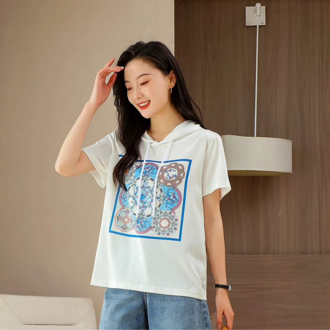 春夏新款双面印花缎面连帽百搭时尚小众纯色宽松显瘦休闲T恤短袖