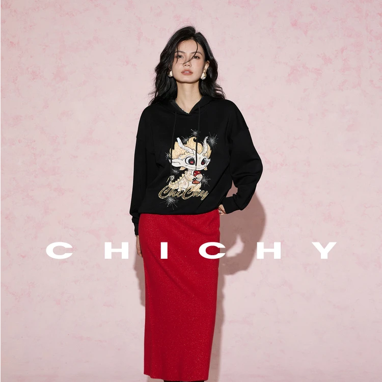 【八佰伴专属】CHICHY小众慵懒风印花连帽卫衣CC1F002241