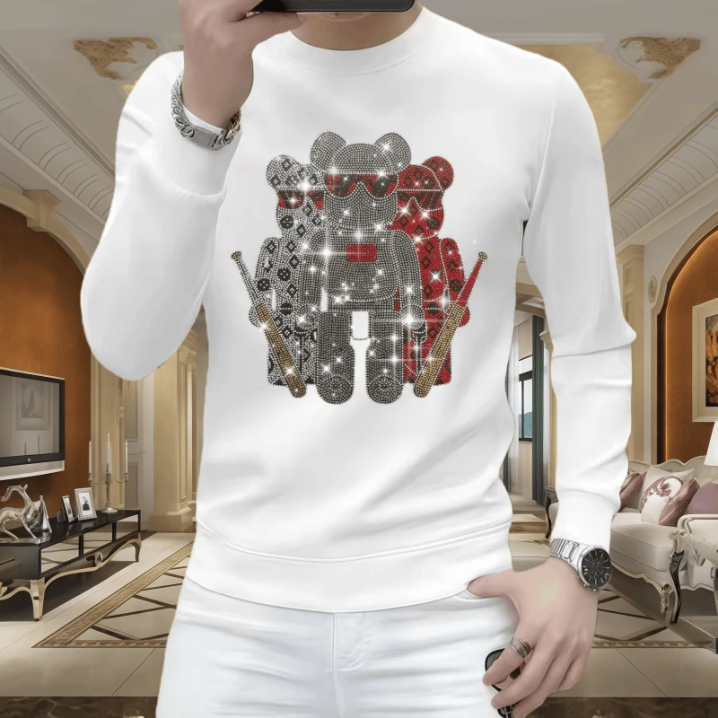 新款长袖男士时尚休闲百搭卫衣圆领潮流修身烫钻上衣秋冬帅气外套