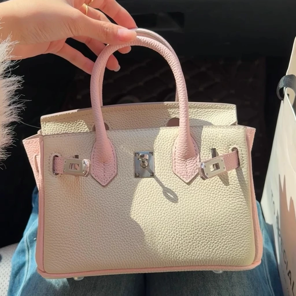 2024款时尚高级感荔枝纹拼色铂金凯莉包大容量手提单肩斜挎包包女