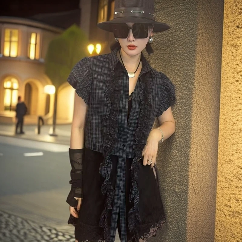 仙姐姐小众黑色气质短款衬衫格纹蓝色格子拼接短袖休闲灯笼袖夏季