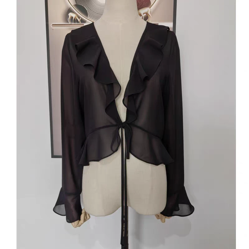 上衣洋气系带通勤纯色防晒外搭开衫夏季短款薄款黑色百搭短外套