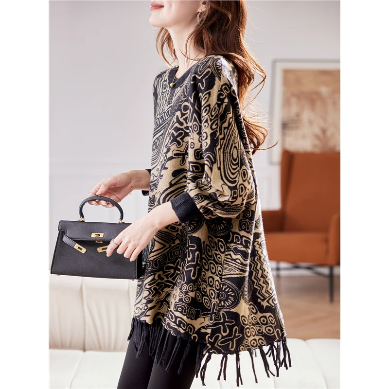 DUCURNO圆领提花流苏针织衫女2025秋季蝙蝠袖宽松慵懒风百搭毛衣