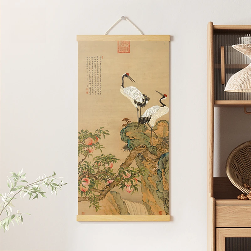 蟠桃双鹤新中式玄关装饰画山水画办公背景挂画国画名画卷轴挂布