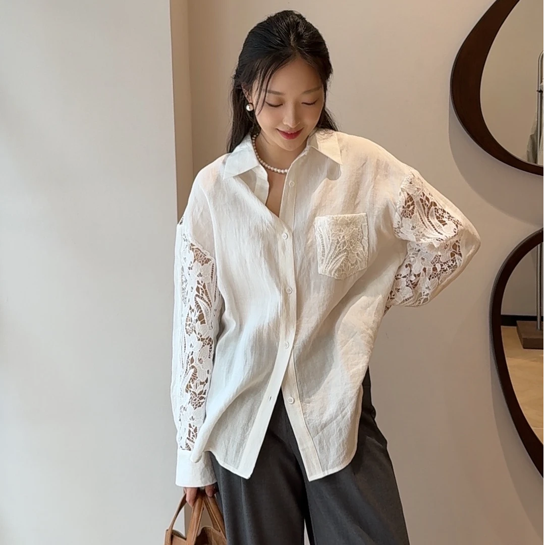 66185【艾米精品】春季新白色翻领长袖上衣女重工刺绣叠穿衬衫