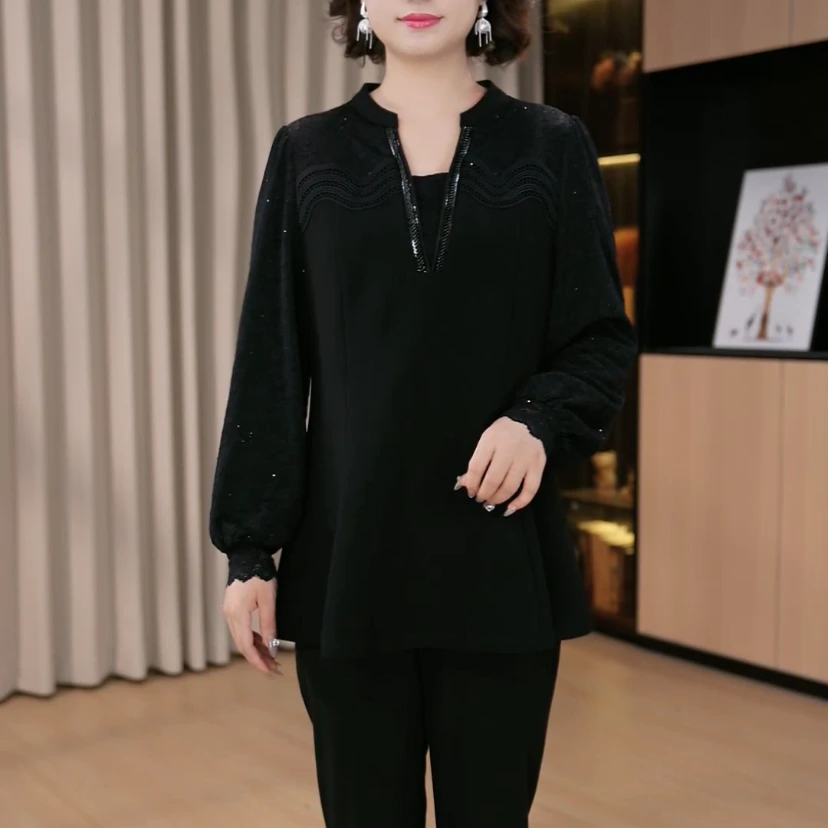 大码上衣遮肚显瘦蕾丝气质女绒衫打底秋季长袖秋冬妈妈衬衫A0021