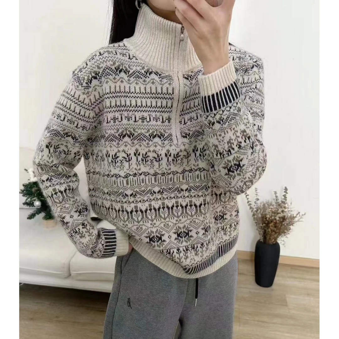 【思思精选】秋冬新款高端气质复古提花立领半拉链百搭针织衫S486#