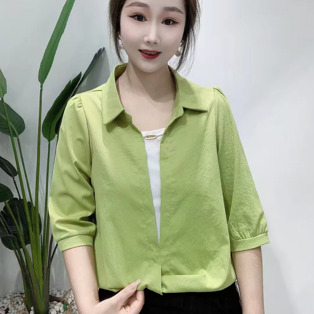 2025新款拼接时尚假两件纯色衬衫设计洋气宽松显瘦百搭女士上衣
