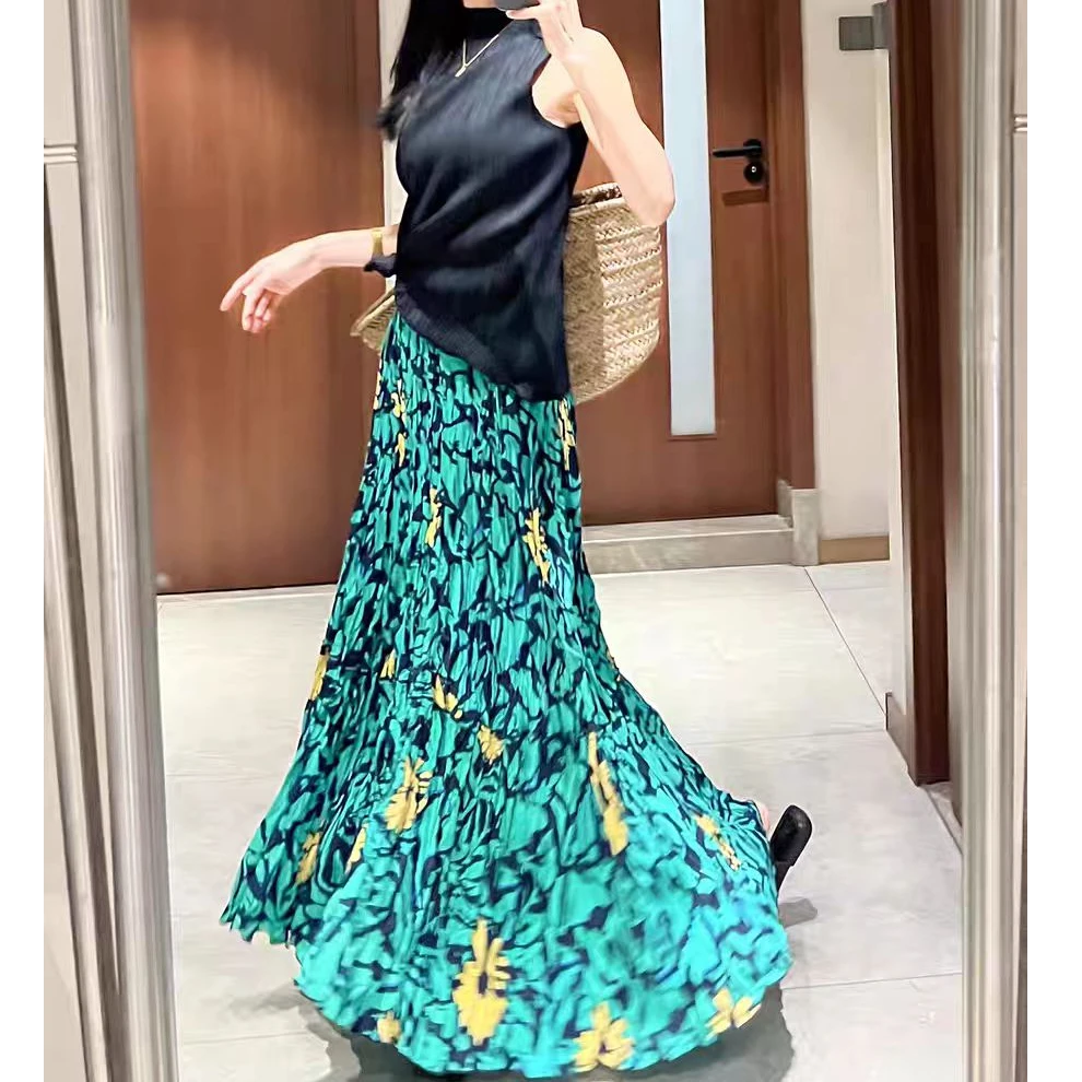 三宅2025春秋新款乱褶加长裙浪漫度假百搭印花显瘦半身裙子