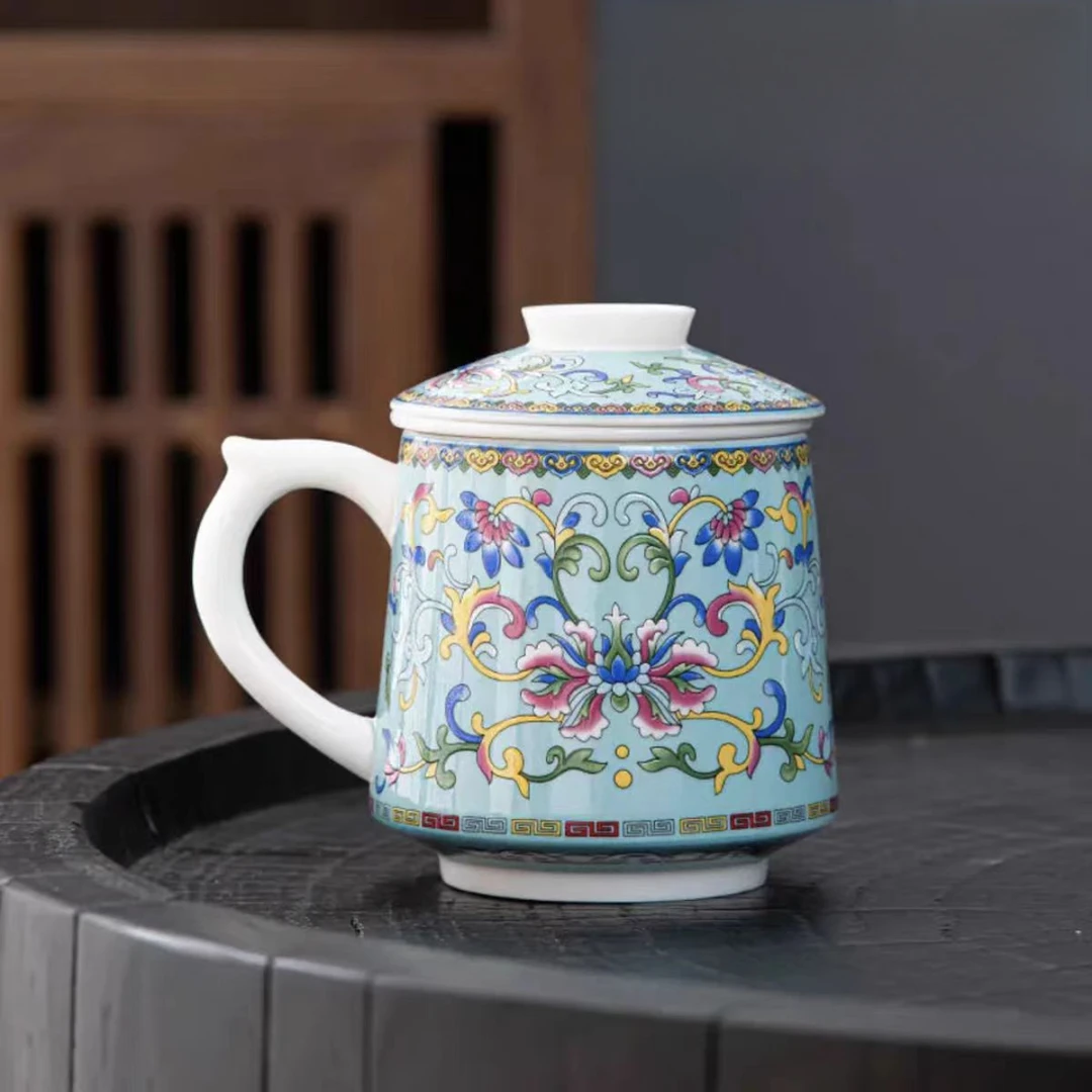 青花汝窑陶瓷缠枝莲办公杯2136茶水分离家用高档