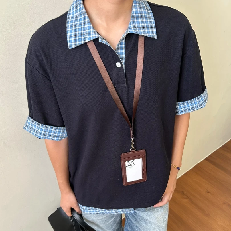 设计感藏蓝色假两件拼接格纹polo领短袖男女同款夏季衬衫t恤miu系