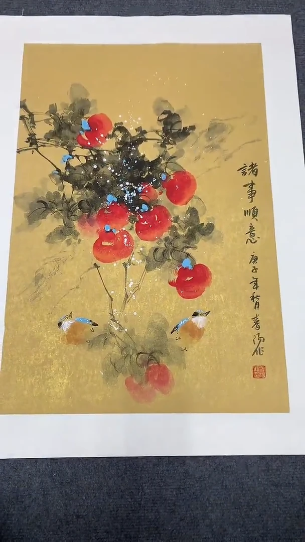 竖款精品四尺开三花鸟