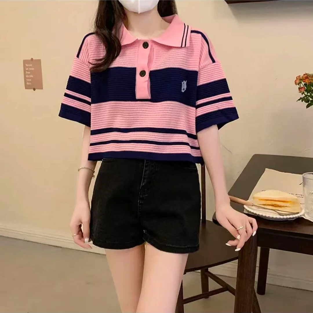 A007正肩短袖t恤短款女春季针织衫别致独特上衣条纹小个子polo衫